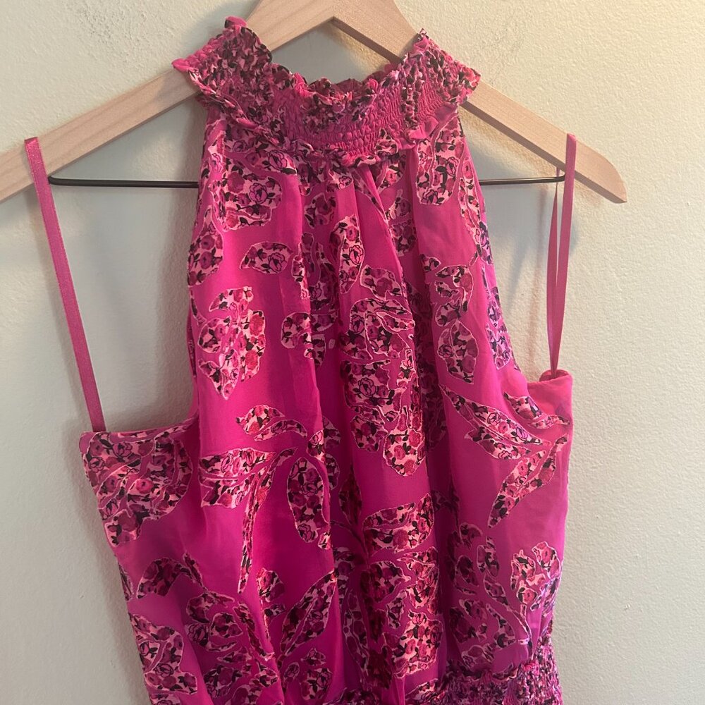 White House Black Market Floral Burnout Smocked-Neck Midi Dress Size 4 Pink - Picture 4 of 9